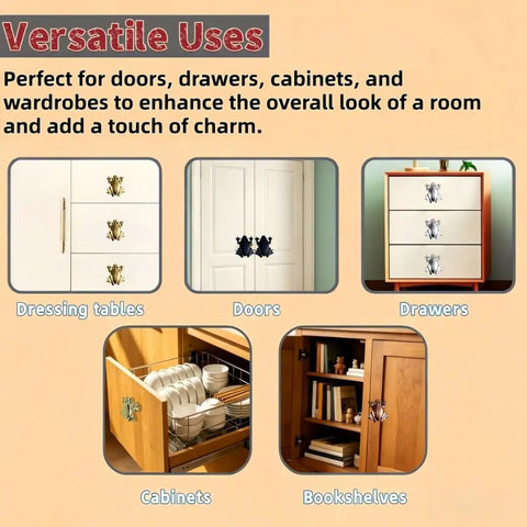 Image showing versatile uses of Frog Shaped Cabinet Knobs Set Of 4 Black Zinc Alloy Drawer Pulls for dressing tables, doors, drawers, cabinets, and bookshelves.