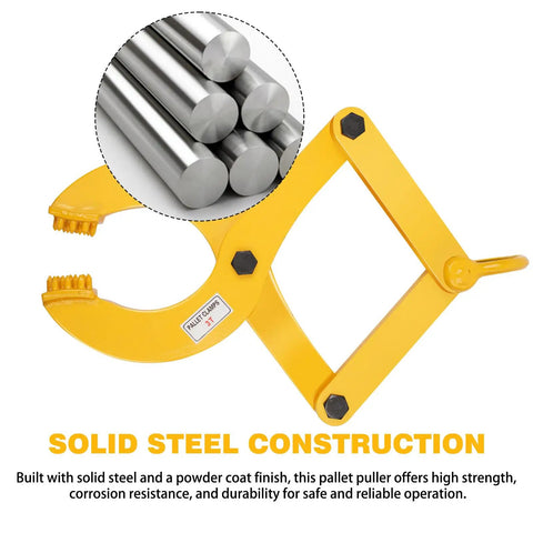 Pallet Puller 3T 6600 Lbs Capacity Heavy Duty Scissor Clamp For Forklifts Single Scissor Design With 6.7 Inch Jaw Opening Effortless Pallet Pulling For Trucks And Docks Solid Steel Construction, yellow with convex teeth and solid steel details.