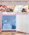 Interior view of Pink Countertop Mini Freezer 1.1 Cubic Feet Compact Upright showing adjustable temperature range and storage.