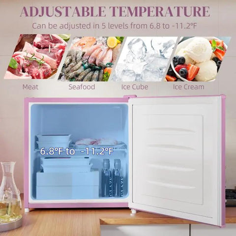 Interior view of Pink Countertop Mini Freezer 1.1 Cubic Feet Compact Upright showing adjustable temperature range and storage.