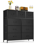 Roomy 9 Drawer Dresser With Wooden Top And Metal Frame Dope Anti Tip Tall Storage Chest in Black with clock and flowers on top