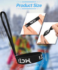 Slender Ski Glove Wrist Straps With Metal Clasp size diagram, close-up of black strap with MCTi branding in hand, set of 4.