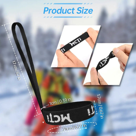 Slender Ski Glove Wrist Straps With Metal Clasp size diagram, close-up of black strap with MCTi branding in hand, set of 4.