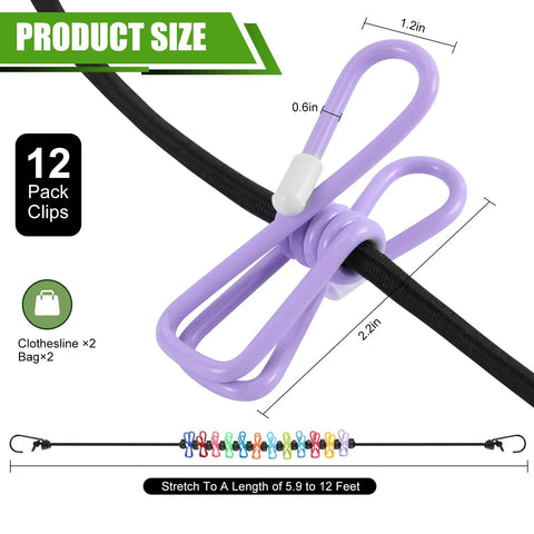 2 Pack Portable Camping Clothesline Set With 12 Colorful Clothespins And 13 Windproof Non Slip Clamps and elastic rope