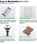 Accessories for Drop In Bar Sink 15 X 21 Inch Single Bowl In 16 Gauge T304 Stainless Steel; drying rack, rinse grid, strainer, cutting board.