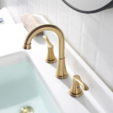 Widespread Double-Handle Bathroom Faucet In Brushed Nickel With Metal Pop Up Drain, CUPC-Approved Supply Lines, Easy Install Quick-Connect Hose, Fits 6 To 12 Inch Center Spacing, Demeter 13651 installed on white vanity