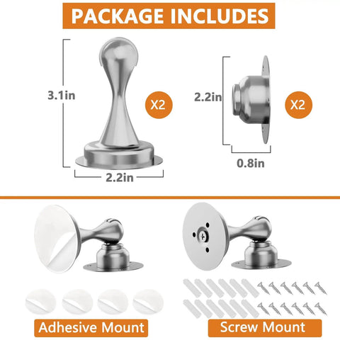Two Pack Magnetic Door Stop For Bottom Of Doors With Stainless Steel Construction, Wall Or Floor Mount, No Drilling Options