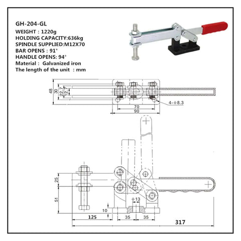Heavy Duty Horizontal Toggle Clamp For Metal Plates And Circuit Boards, 636kg Clamp Force, Iron And Plastic Build, Diagram