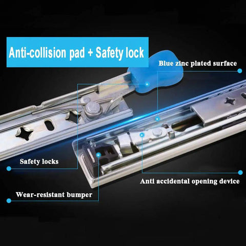 Full Extension Drawer Slides With Lock Ball Bearing Rails, Stainless Steel Heavy Duty, showing anti-collision safety lock.