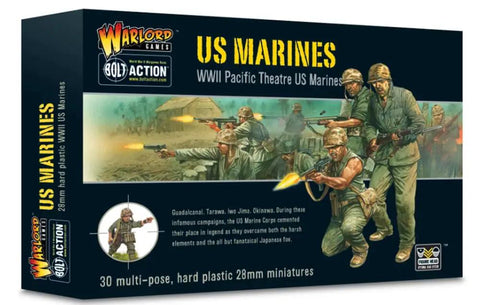 Box front of Pacific Theater US Marines Bolt Action 28mm Plastic Miniatures Set with artwork showing WWII scene for gaming and diorama.