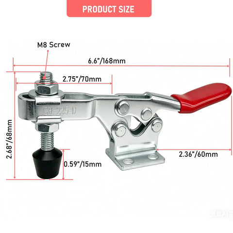 4 Pack 225D Quick Release Toggle Clamps With Killer Grip And Hella Tight 500 Pound Hold For Woodworking Jigs Fixtures Welding Station And Drill Press Setup, showing dimensions and features.