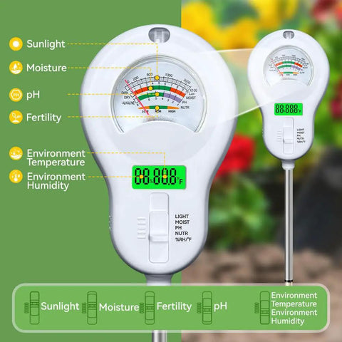Front view of All In One Garden Sensor With Removable Probe For Soil Moisture And PH Testing Plus Fertility, Sunlight Intensity, Temperature And Humidity Readouts For Gardens, Lawns And Farms AAA Battery Included showing measurement display and probe.