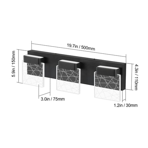 Dope Matte Black Vanity Light With Modern Led Three Light Wall Fixture For Bathroom Energy Efficient Daylight 6000K dimensions diagram