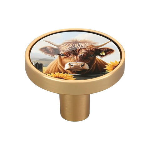 Cow Print Sunflower Cabinet Knobs 4 Pack Farmhouse Drawer Pulls For Dresser Cupboard And Furniture Decor Snazzy Zinc Alloy Handles With Gold Print And Dual Screw Types