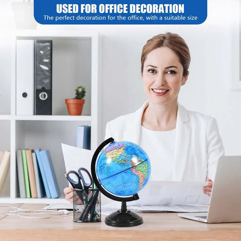 Rotating 6 Inch World Globe With Stand Kid Friendly For Learning Geography At School Or At Home on an office desk