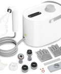 Handheld Steam Cleaner All In One Kit Crushes Tough Stains Fast includes attachments, hose, and cleaning gloves for multi-surface use.