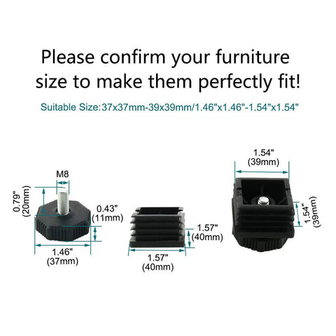 Square 40mm By 40mm Leveling Feet Inserts For Sofa Legs Adjustable Furniture Levelers Set Of Eight, size diagrams