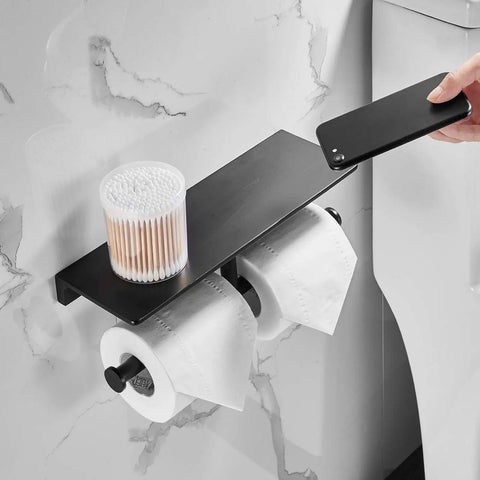 Double Roll Toilet Paper Holder With Shelf Matte Black Brass Finish, Hotel Style Tissue Dispenser, solid brass with chrome surface