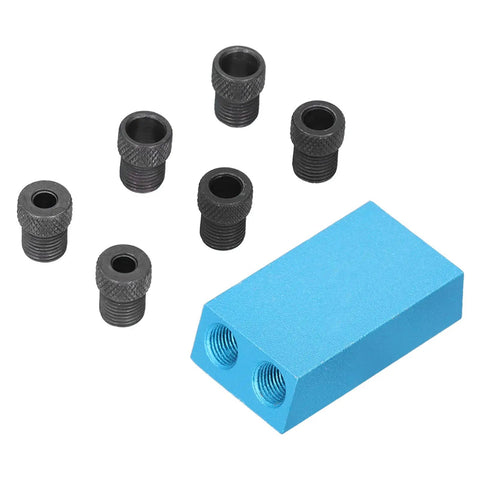 7-piece set from Dope Pocket Hole Jig Kit For Woodworking With 15 Degree Angle Aluminum Alloy Drilling Guide, blue aluminum block with threaded inserts.