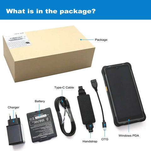 Rugged 6.5 Inch Mini Tablet PC With Windows 11 Iot And Intel N5100 8Gb Ram 128Gb Rom 4G Lte Gps Nfc Ip67 Waterproof 8000Mah Battery items in package including charger, battery, Type-C cable, and hand strap.