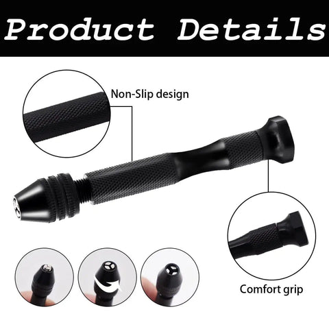 Pin Vise Hand Drill Kit With A Pro Grade Durable Aluminum Alloy Handle Includes Hand Drill Elbow Tweezers Ten PCB Drill Bits And Forty Eight Twist Micro Drill Bits From 0.3 To 3.5 Millimeter For Jewelry Making Resin Craft And Model DIY with non-slip design and comfort grip shown