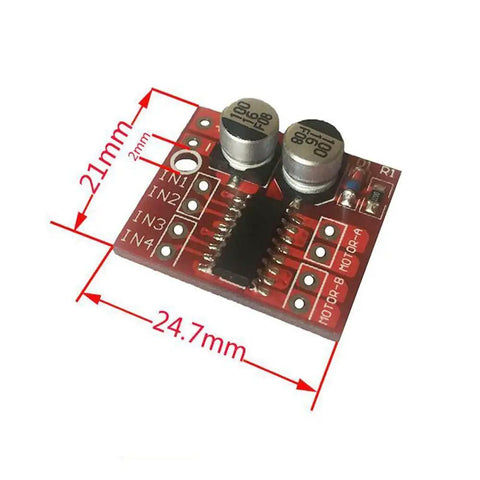 Red Dual H Bridge DC Stepper Driver Module 1.5A Per Channel with dimensions for smart cars and DIY robotics projects