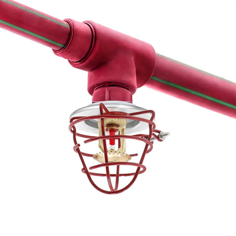 6 Pack 3/4 Inch Fire Sprinkler Head Cage Guards With Welded Steel Mesh And Red Powder Coating, close-up view of fire head protector.
