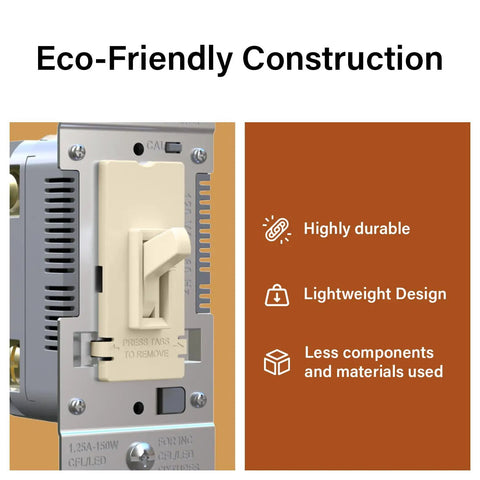 Ivory Toggle Led Dimmer Switch For Up To 150 Watt Bulbs Delivers Crisp Flicker Free Lighting With Smooth Sailing Brightness Control And No Fuss Installation For Any Room, showing eco-friendly construction details.