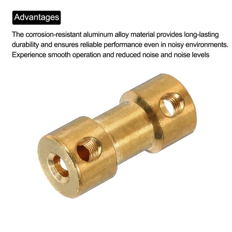 3D Printer Rigid Shaft Coupling 3mm To 4mm Bore, 20mm Length, 9mm Dia M3 Brass Shaft Coupler Connector, Copper Tone, Dope For DIY Robotics, Cars, Boats, CNC Machines, Includes 2 Couplings, 8 Screws, 2 Wrenches, brass coupling shown on white background