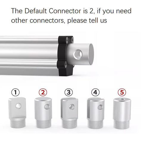 Connector options for Beefy 30mm Stroke 12V DC Linear Actuator, Quiet 24mm/s Heavy Duty Push Pull, shown with five variations.