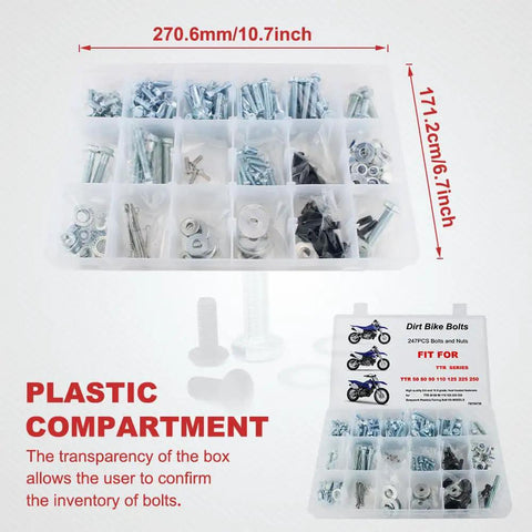 247 Piece Motorcycle Bolts Kit For Engine Body Frame And Exhaust Fitment For TTR MX Series in plastic compartment