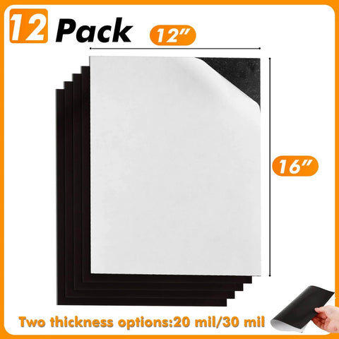 Adhesive Magnetic Sheets 12 By 16 Inches, 20 Mil Thick, 12 Packs Flexible Magnetic Paper Sheets shown in layered stack with dimensions.
