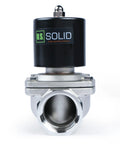 Front view of U.S. Solid 1-1/2 inch stainless steel solenoid valve with black coil housing