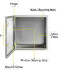 Heavy Duty NEMA Steel Enclosure 24 x 24 x 12 Inch Outdoor Indoor IP66 Waterproof Dustproof Electrical Box With Mounting Plate Built To Last For Weatherproof Industrial Use, open view with hinge, lock, mounting plate