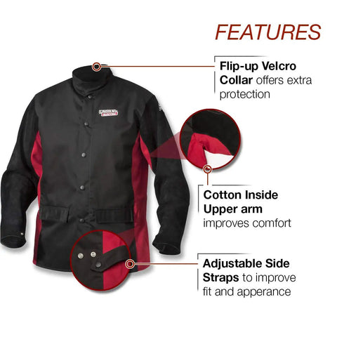 Split Leather Sleeved Welding Jacket With Flame Resistant Cotton Body Black And Red Medium showing features with inset details