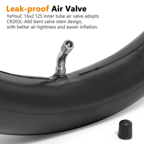 16x2.125 Replacement Butyl Inner Tube With CR202 Bent Valve Stem close-up showing valve angle