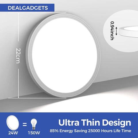 Ultra Thin Flush Mount LED Ceiling Light 24W 2200 Lumens 6000K Cool White Round Fixture For Bedroom Kitchen Bathroom Garage Living Room Hallway Easy Install No Pro Needed Energy Efficient Low Profile Design Great For Any Room