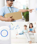 Long Range Wireless Doorbell Kit With One Button And Two Plug In Receivers, 60 Chimes, man presses button, family alerted inside
