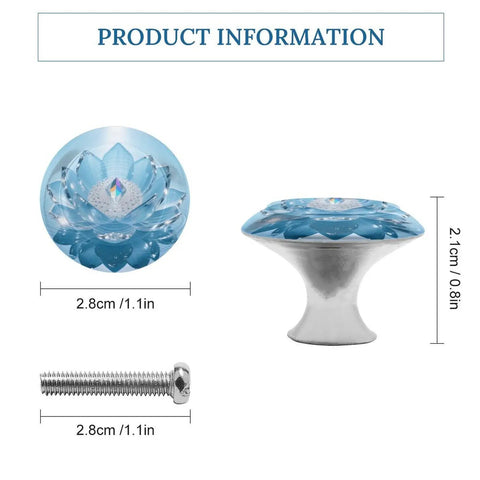 Lotus Flower Cabinet Knobs 1.1 Inch Stainless Steel Drawer Handles, blue top view and side view with screw dimensions