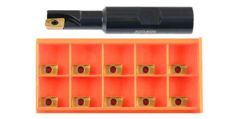 1/2 Inch 90 Degree Square Shoulder Indexable End Mill With 10 Extra APKT11T308 Inserts, 5/8 Inch Shank, 3-1/4 Inch Overall Length, 0.433 Inch Axial Depth Of Cut, 1 Flute Carbide Mill For Smooth Shoulder Milling