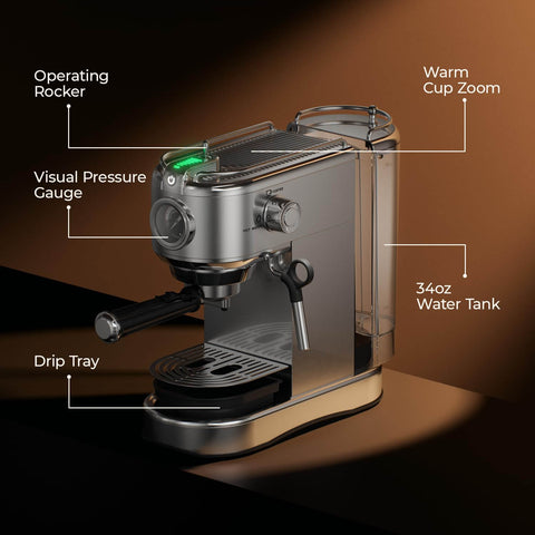 20 Bar Espresso Machine With Steam Wand, Compact Stainless Steel Coffee Maker For Lattes And Cappuccinos, Fast Heating 1450W