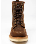8 Inch Moc Toe Work Boot With Goodyear Welt Construction Brown Leather Electrical Hazard Protection Triple Stitched Blucher And Counter Lightweight Slip Resistant Blown Rubber Outsole Mens 8.5 DM US, front view
