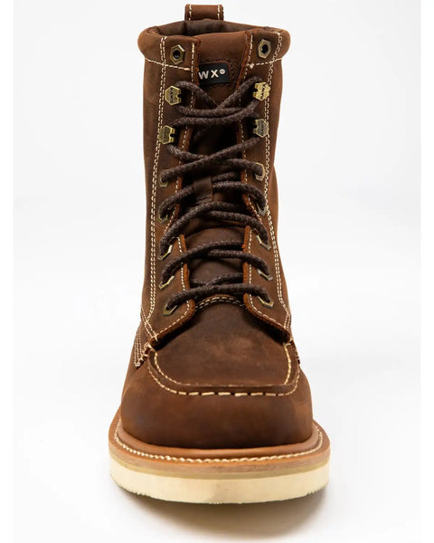 8 Inch Moc Toe Work Boot With Goodyear Welt Construction Brown Leather Electrical Hazard Protection Triple Stitched Blucher And Counter Lightweight Slip Resistant Blown Rubber Outsole Mens 8.5 DM US, front view