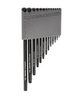 Angled view of Star L Key Set With Holder, 13 Piece T6 Through T50 with gray holder, long handle wrenches displayed.