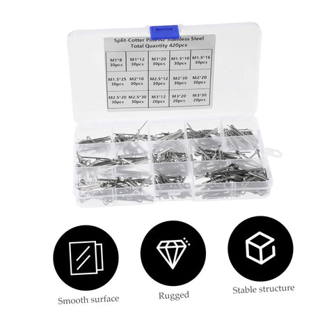 Pro Grade Cotter Pin Kit 420 Piece Stainless Steel Assortment For Cars, Garage, Workshop, Farm And Garden Projects, Heavy Duty Fasteners, Clips And Dowels For Quick Repairs And Secure Fits, open organizer box with assorted stainless pins
