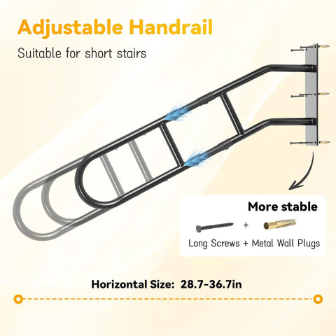 Straight Up Durable Adjustable Wall Mount Handrail For Outdoor And Indoor Steps U Shape Safety Railing for One or Three Stairs with adjustable size 28.7-36.7 inches.