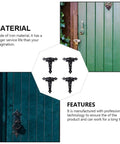 Heavy Duty T Strap Shed Door Hinges Set Of 4 In Black Iron With Eight Screw Holes displayed on green wooden doors