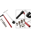 Heavy Duty Carbon Steel Faucet Wrench Set With Knuckle Savers Handles For No Sweat Sink Pulling And Stubborn Fixture Jobs Built Tough, showing tools and sockets.