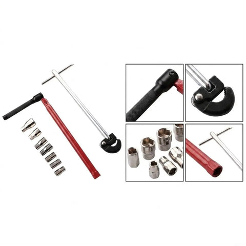 Heavy Duty Carbon Steel Faucet Wrench Set With Knuckle Savers Handles For No Sweat Sink Pulling And Stubborn Fixture Jobs Built Tough, showing tools and sockets.