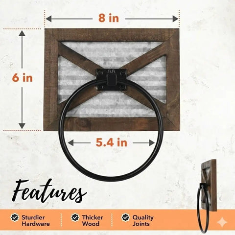 Rustic Farmhouse Towel Holder For Bathroom Wall Mounted Rack With Galvanized Metal Ring, 8x6 inch Weathered Wood and Metal Decor